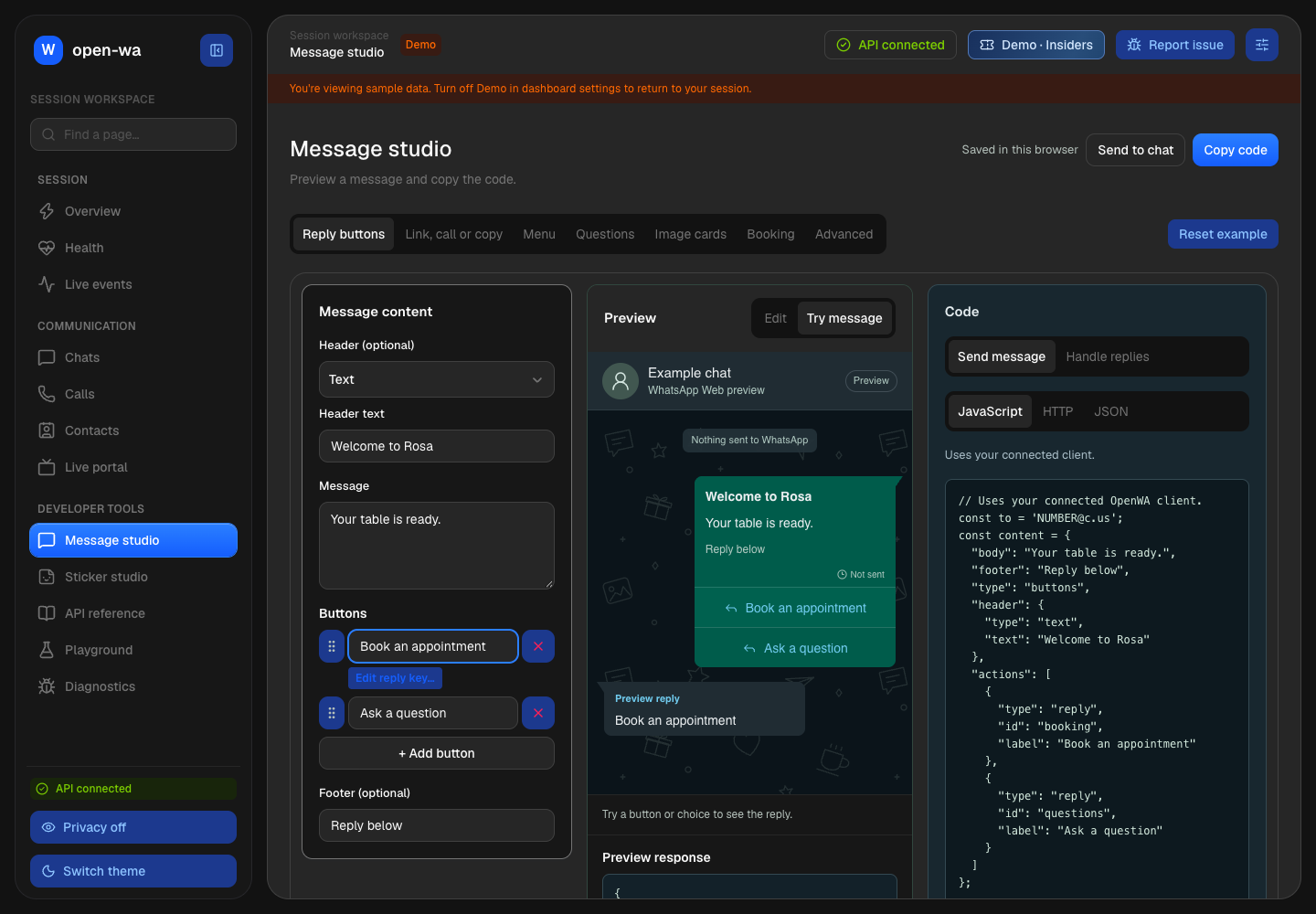 Message studio with an editable reply-button message, WhatsApp-style preview and JavaScript code