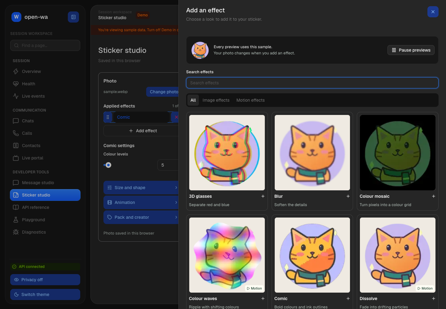Searchable sticker effect gallery with the same animated cat used for every effect
