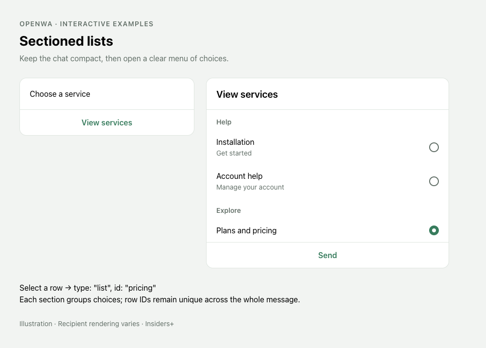 Illustration of a list message and its sectioned option picker