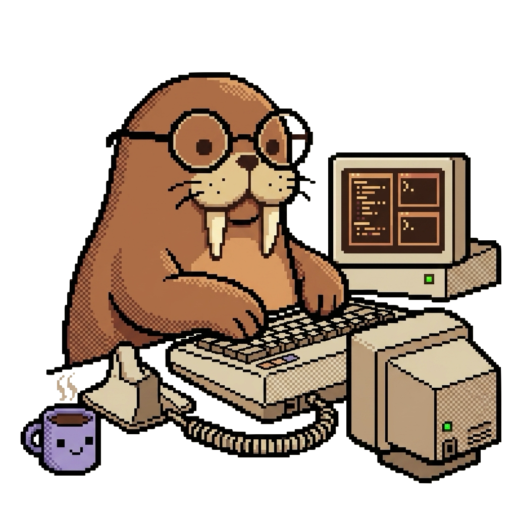 Wally the walrus typing at a retro developer desk